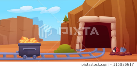 Mining cave. Mine entrance with rails and metal trolley with golden gem stones. Miners tools, shovel pick and helmet with flashlight, nowaday vector landscape 115886617