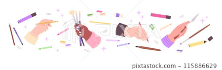 Creative painter. Art process background, hands holding paint brushes pencils markers. Creative banner, workshop drawing racy vector elements 115886629