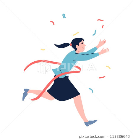 Business woman crossing finish line. Red victory ribbon, leadership and achievement. Female success winner, self competition victory recent vector character 115886643