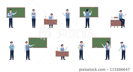 Cartoon male teacher. Serious man teaching lesson in school college university. Standing at blackboard reading and talking, recent vector character Cartoon male teacher. Serious man teaching lesson in school college university. Standing at blackboard reading and talking, recent vector character 115886647