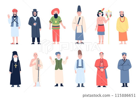 People different religion. Orthodox and catholic, judaism and hinduism. Monks and priests in different traditional clothes. Religious recent vector characters People different religion. Orthodox and catholic, judaism and hinduism. Monks and priests in different traditional clothes. Religious recent vector characters 115886651