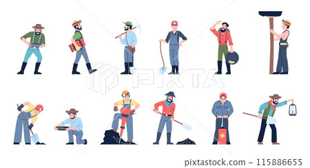 Gold miners characters. Men launder golden, sift and look for jewelry. Diggers and professional miner with equipment for work in mine, recent vector set 115886655