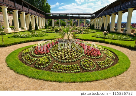 A beautiful blossoming castle garden. Lysice - A beautiful old castle in the Czech Republic. A beautiful blossoming castle garden. Lysice - A beautiful old castle in the Czech Republic. 115886782