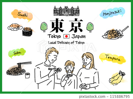A simple line drawing of a family and local Tokyo cuisine 115886795