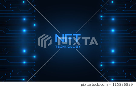 Glowing blue NFT technology banner. Abstract digital technology background with circuit board elements. Blue modern hi-tech vector illustration 115886859