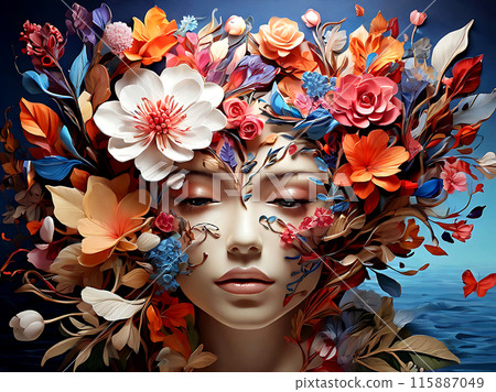 Many colorful flowers on a woman head. 115887049