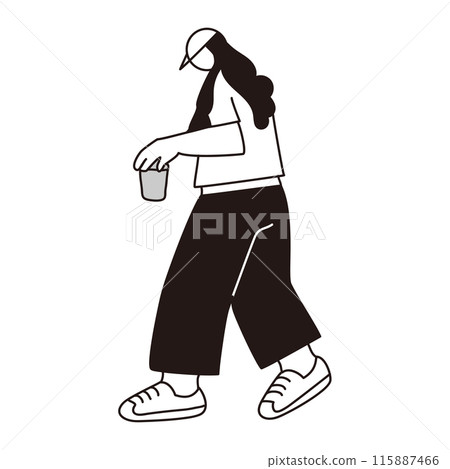 拿著咖啡行走的女人，向量線畫 115887466