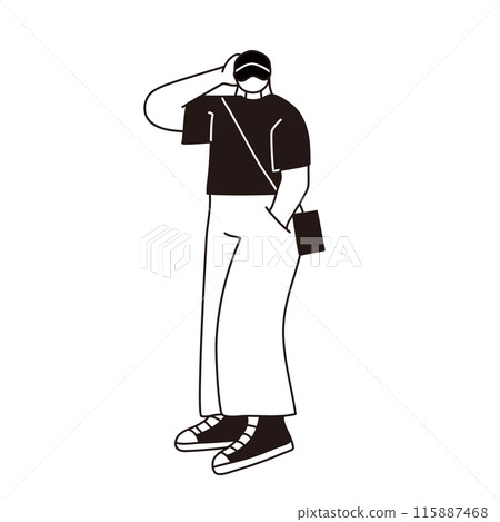 Female character line drawing in cap and pants Female character line drawing in cap and pants 115887468