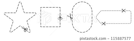 Cut here icon. Set of scissors cutting shape, paper cut here icon with dotted line for ticket, coupon, promo code. 115887577