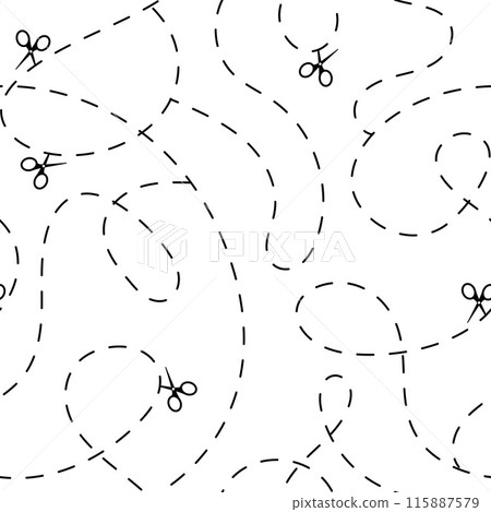 Cut here seamless pattern. Vector scissors with dotted lines, paper cut here seamless pattern for ticket, coupon, promo code. 115887579