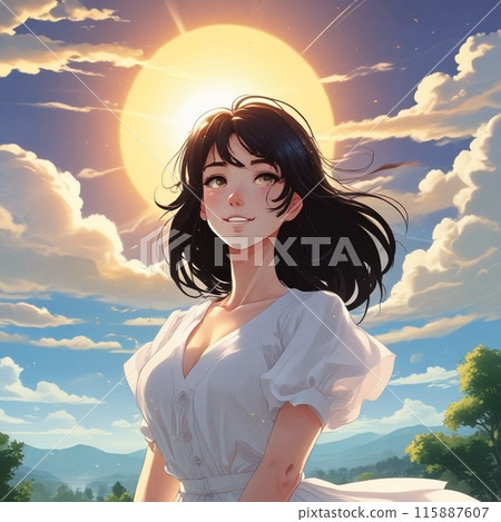 Illustration of a beautiful woman wearing a white dress under the summer sky 10 Illustration of a beautiful woman wearing a white dress under the summer sky 10 115887607