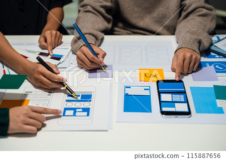 UX developer and ui designer brainstorming about mobile app interface wireframe design with customer breif and color code, User experience concept.. 115887656