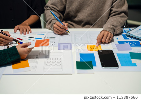 UX developer and ui designer brainstorming about mobile app interface wireframe design with customer breif and color code, User experience concept.. 115887660