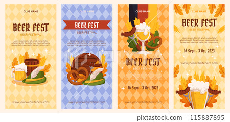 Beer festival vertical banner collection template. Design with glass of beer, wheat and leaves, banner ribbon and other festive objects on light rhombus background 115887895