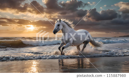 nice sunset with horse on the beach 115887980