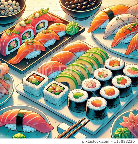 色彩繽紛、美味的壽司拼盤 - 新鮮的海鮮 115888220