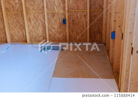 At inside of new house, expanded polystyrene was installed as thermal insulator for floors 115888414