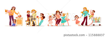 Tired Parent with Naughty Children Playing Around Vector Set 115888837