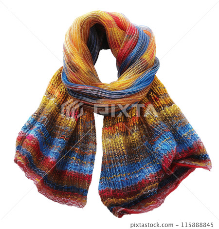 Knitted scarf with a colorful mix of blue, yellow, and red stripes, in a loosely draped style, isolated on transparent background. Knitted scarf with a colorful mix of blue, yellow, and red stripes, in a loosely draped style, isolated on transparent background. 115888845