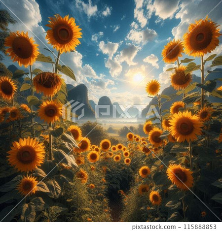 向日葵和小巷在藍天的映襯下綻放 115888853