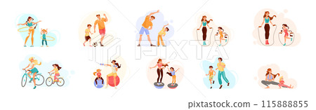 Parents with Their Children Doing Sport and Physical Exercise Vector Set 115888855
