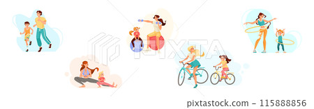 Parents with Their Children Doing Sport and Physical Exercise Vector Set 115888856