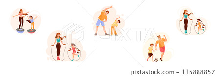 Parents with Their Children Doing Sport and Physical Exercise Vector Set 115888857