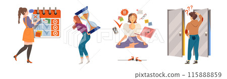 Effective Time Management with People Character Deal with Deadline and Tasks Planning Vector Set 115888859