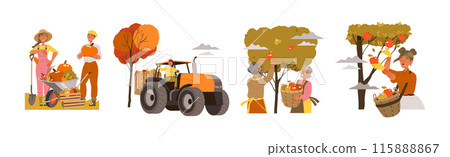 Harvesting People Character Gather Crop and Farm Product Vector Illustration Set 115888867