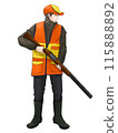 A hunter wearing a hunting club hat and vest and carrying a hunting rifle 115888892