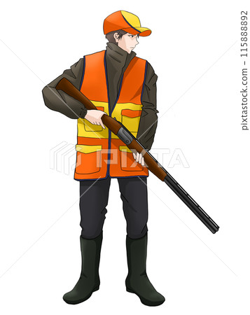 A hunter wearing a hunting club hat and vest and carrying a hunting rifle 115888892