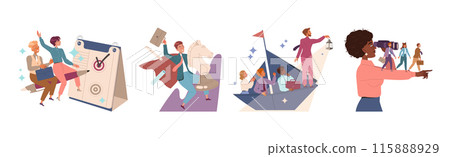 Male and Female Leader Leading Team to Future Directing and Navigating Vector Set Male and Female Leader Leading Team to Future Directing and Navigating Vector Set 115888929