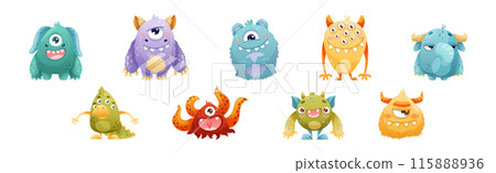 Funny Toothy Monsters as Friendly Fictional Creature Vector Set 115888936