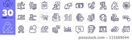 Deflation, Survey checklist and Clipboard line icons pack. Shopping cart, Discount medal, Auction hammer web icon. Wallet, Discounts calendar, Stress protection pictogram. Market. Vector Deflation, Survey checklist and Clipboard line icons pack. Shopping cart, Discount medal, Auction hammer web icon. Wallet, Discounts calendar, Stress protection pictogram. Market. Vector 115889044