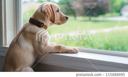 Labrador retriever puppy on the windowsill 115889095
