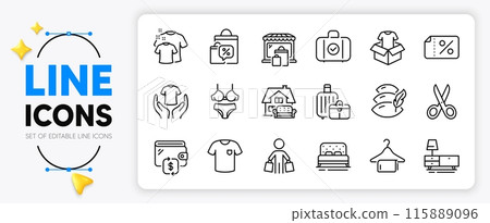 Furniture moving, Carry-on baggage and T-shirt line icons set for app include Bed, Baggage, Market outline thin icon. Buyer, Pillow, Wallet pictogram icon. Discount banner, Hold t-shirt. Vector 115889096