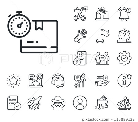 Warehouse parcel sign. Salaryman, gender equality and alert bell outline icons. Cardboard box line icon. Inventory package timer symbol. Cardboard box line sign. Vector Warehouse parcel sign. Salaryman, gender equality and alert bell outline icons. Cardboard box line icon. Inventory package timer symbol. Cardboard box line sign. Vector 115889122
