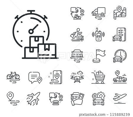 Moving service sign. Plane, supply chain and place location outline icons. Fast delivery line icon. Things transportation symbol. Fast delivery line sign. Taxi transport, rent a bike icon. Vector 115889239
