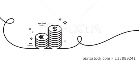 Coins money line icon. Continuous one line with curl. Banking currency sign. Euro and Dollar Cash symbols. Currency single outline ribbon. Loop curve pattern. Vector Coins money line icon. Continuous one line with curl. Banking currency sign. Euro and Dollar Cash symbols. Currency single outline ribbon. Loop curve pattern. Vector 115889241