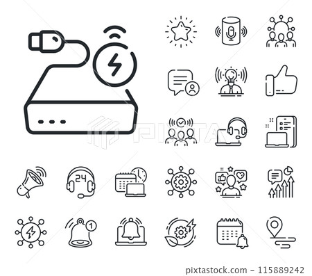Mobile accessories sign. Place location, technology and smart speaker outline icons. Power bank line icon. Charge battery symbol. Power bank line sign. Influencer, brand ambassador icon. Vector Mobile accessories sign. Place location, technology and smart speaker outline icons. Power bank line icon. Charge battery symbol. Power bank line sign. Influencer, brand ambassador icon. Vector 115889242