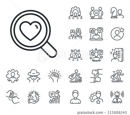 Search relationships sign. Specialist, doctor and job competition outline icons. Love dating line icon. Valentines day symbol. Search love line sign. Avatar placeholder, spy headshot icon. Vector Search relationships sign. Specialist, doctor and job competition outline icons. Love dating line icon. Valentines day symbol. Search love line sign. Avatar placeholder, spy headshot icon. Vector 115889243