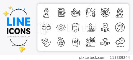 Organic tested, Health app and Doctor line icons set for app include Stress, Electronic thermometer, Vaccine report outline thin icon. Difficult stress, Eyeglasses, Medical food pictogram icon. Vector Organic tested, Health app and Doctor line icons set for app include Stress, Electronic thermometer, Vaccine report outline thin icon. Difficult stress, Eyeglasses, Medical food pictogram icon. Vector 115889244