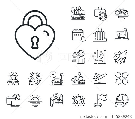 Honeymoon bridge locker sign. Plane jet, travel map and baggage claim outline icons. Love lock line icon. Couple relationships symbol. Love lock line sign. Car rental, taxi transport icon. Vector Honeymoon bridge locker sign. Plane jet, travel map and baggage claim outline icons. Love lock line icon. Couple relationships symbol. Love lock line sign. Car rental, taxi transport icon. Vector 115889248