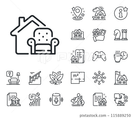 Home armchair sign. Floor plan, stairs and lounge room outline icons. Furniture moving line icon. House chair symbol. Furniture moving line sign. House mortgage, sell building icon. Vector Home armchair sign. Floor plan, stairs and lounge room outline icons. Furniture moving line icon. House chair symbol. Furniture moving line sign. House mortgage, sell building icon. Vector 115889250