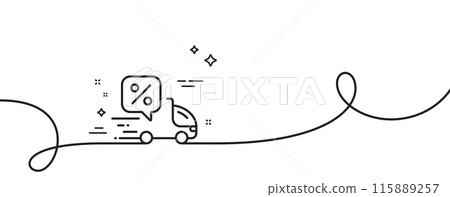 Delivery truck line icon. Continuous one line with curl. Sale offer sign. Courier discounts symbol. Delivery discount single outline ribbon. Loop curve pattern. Vector Delivery truck line icon. Continuous one line with curl. Sale offer sign. Courier discounts symbol. Delivery discount single outline ribbon. Loop curve pattern. Vector 115889257