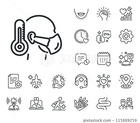 Safety respiratory mask sign. Online doctor, patient and medicine outline icons. Sick man with medical mask line icon. Coronavirus face protection symbol. Sick man line sign. Vector Safety respiratory mask sign. Online doctor, patient and medicine outline icons. Sick man with medical mask line icon. Coronavirus face protection symbol. Sick man line sign. Vector 115889259