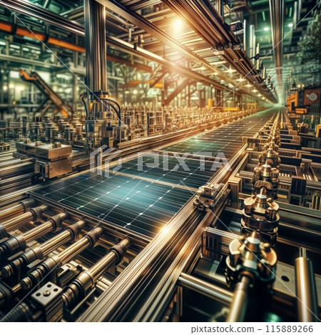 Interior of a solar panel manufacturing facility with high-tech machinery in production. 115889266