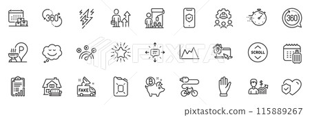 Icons pack as 360 degrees, Correct answer and Speech bubble line icons for app include Electric bike, Lightning bolt, Life insurance outline thin icon web set. Business growth, Diagram. Vector 115889267