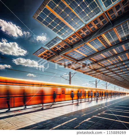 Futuristic train station with a solar panel canopy, high-speed trains, and commuters. Futuristic train station with a solar panel canopy, high-speed trains, and commuters. 115889269