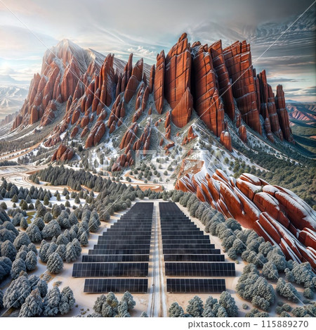 Surreal winter landscape with solar panels, red rock formations, and snowy mountains. 115889270